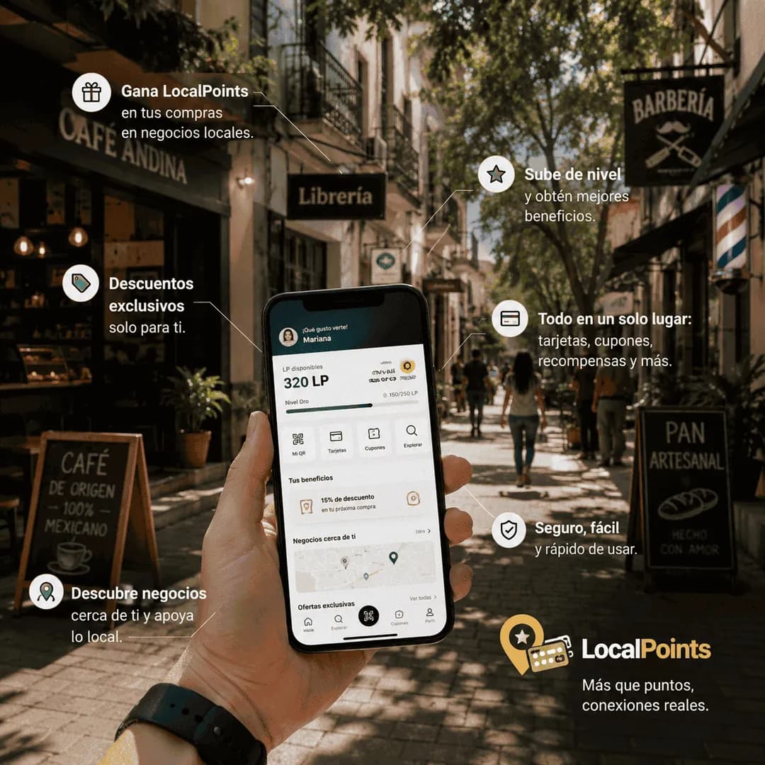 LocalPoints conecta a Clientes con negocios locales, beneficios, cupones y recompensas.